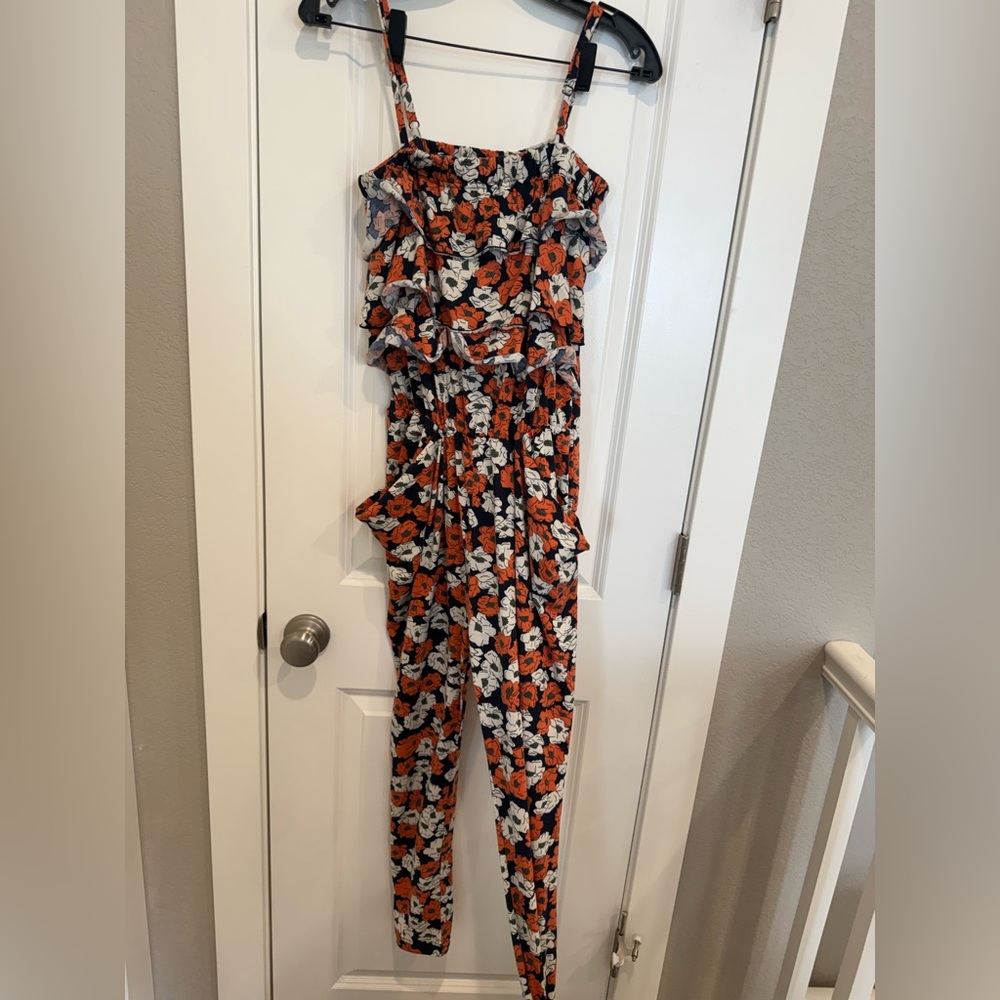 Floral Ruffle Strap Jumpsuit in Orange & White s